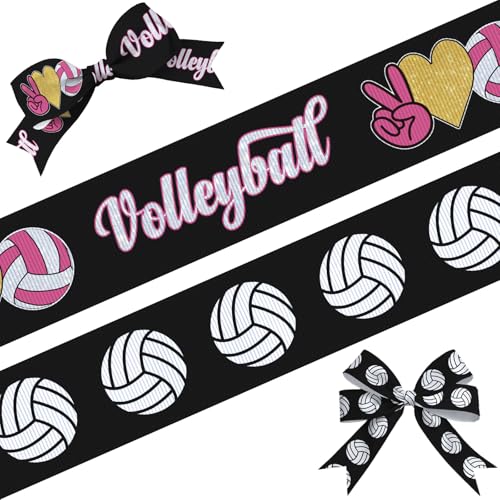 Habbiful 2 Rolls 10 Yards Volleyball Ribbon Black Pink Sports Ball Ribbons for Hair Bows Crafts Gift Wrapping 4/5'' Ball Game Ribbons for Sport Team Birthday Party Home Decoration