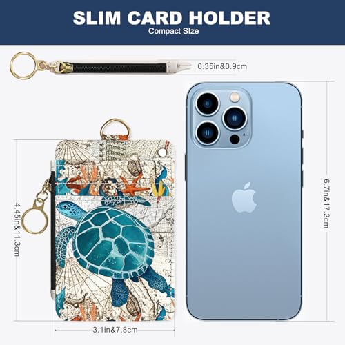 Image of Slim Wallet Credit Card Holder, Vintage Sea Turtle, RFID Wallet Women Cute Small Front Pocket Wallet With Zipper, PU Leather Thin travel RFID Blocking Card Case ID Window ,Ladies Gifts