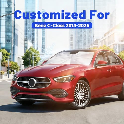 Image of Car Windshield Sun Shade for Benz C-Class 2014-2026 -[Reflective Coated Fabric] Sunshade Umbrella for Front Window, Car Shades Sun Visor Keep Car Cool and Protects Interior, 1:1 Exact Fit