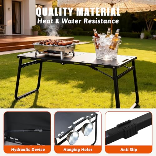 Table pliante portable et basse de camping en métal noir avec sac