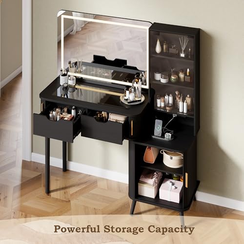 Image of 51 inch Fluted Makeup Vanity Desk with 4 Drawers & Adjustable Shelves,Dressing Table with Mirror and Lights, Large Vanity with Glass Top and Power Outlet for Bedroom (Black)