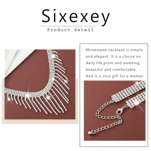 Sixexey Rhinestone Choker Necklaces Silver Neck Chain Sparkly Tassel Necklace Dainty Party Prom Necklace Jewelry for Women 6