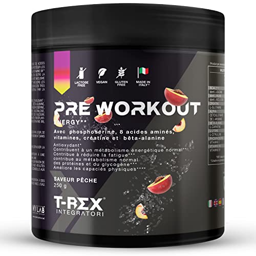 T-Rex Energy Pre Workout - Energy Drink avec Créatine Monohydratée, Bêta alanine, Citrulline, Arginine AKG, BCAA et Vitamines - Pré Entraînement, Boost puissant en Poudre 252g - Saveur Orange-Pêche Cover