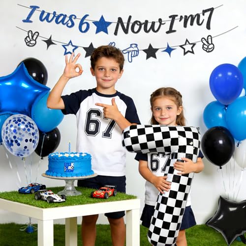 Image of 6 7 Birthday Decorations Six Seven Theme Birthday Party Decor Happy Birthday Decoration Funny 6 7 Meme Party Supply with I was 6 Now I'm 7 Banner 6 7 Balloon Blue Black and Checkered Balloons