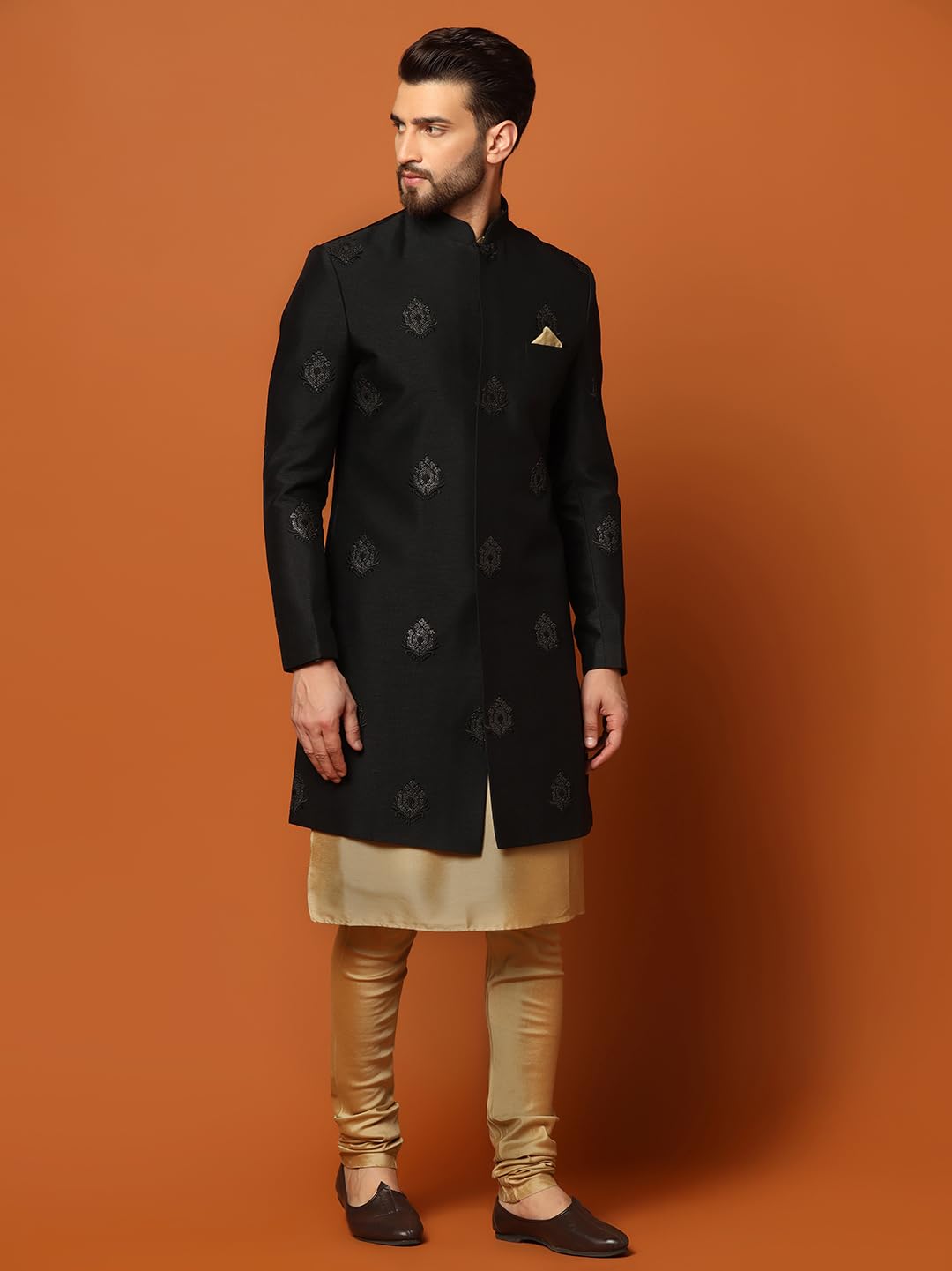 Kisah Men's Black And Golden Indo-Western Kurta Sherwani Churidar Set Cotton Silk Full Sleaves, Knee Length, Straight, Regular Fit, Mandarin Collar Ethnic Wear
