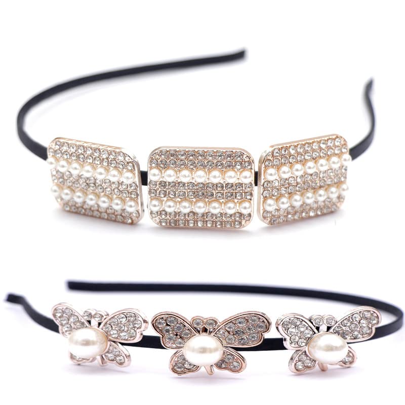 NAVMAVStylish Crystal Rhinestones Pearl Beads Shiny Non Slip Butterfly Hair Band Wedding Party Collection Sparkling Bridal Headband Hair Accessories for Women & Girls Pack of 2