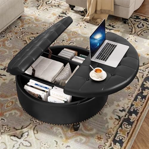 Vabches 30 Inch Round Storage Ottoman,Modern Button Tufted Coffee Table with Lift Top, Large Round Leather Ottoman Upholstered Footrest Stool Toy Blanket Storage for Living Room, Black