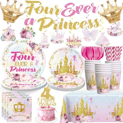 desmilo 172 Pieces Four Ever a Princess Birthday Decorations Tableware Set, 4 Ever a Princess party Supplies Includes Banner, Plates, Tablecloth, Cake Topper, for 4 Year Old Girl Birthday - Serves 25