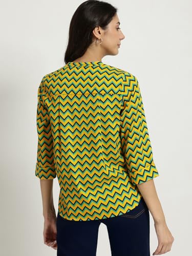 Image of FableStreet Women Shirt Work & Casual | Relaxed Fit Mandarin V-Neck Three-Quarter Sleeves Solid Pattern | Breathable Woven Fabric for Office & Everyday Wear