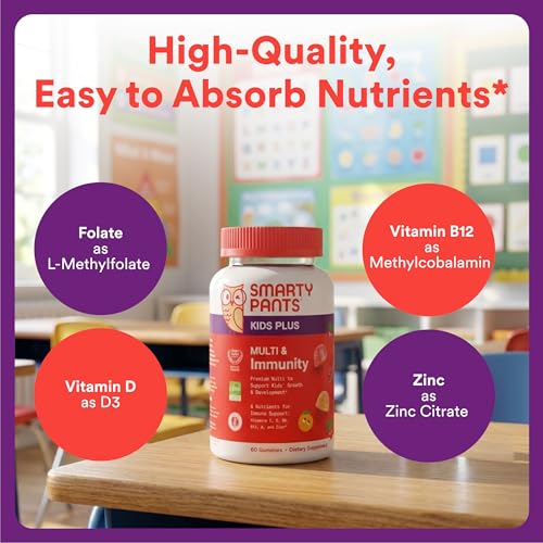 Image of SmartyPants Kids Plus Multi & Immunity Multivitamin Gummies with Vitamins C, D, B6, B12, A, Zinc, Biotin, Iodine, Gluten Free, Clean Label, Two Fruit Flavors, 60 Gummies (30 Day Supply)