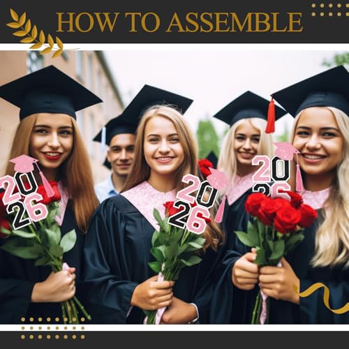 Image of 10 Pcs Graduation Table Centerpieces Sticks with Tassels, class of 2026 Grad Cap Picks Table Decoration Cupcake Toppers for Party Centerpiece Decoration Supplies(Black and Pink)