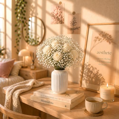 Image of Art Street Modern Ribbed Ceramic Flower Vase | Pearl White Decorative Boho Vase for Living Room, Bedroom & Office Dcor - (Flower not Included), 7x4 Inch
