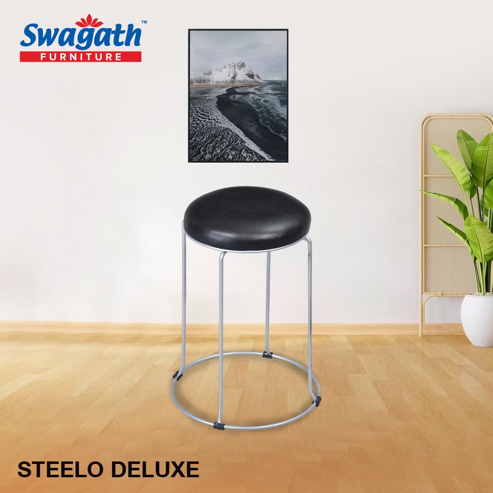 Swagath Furniture Steelo Stool with M.S. Base for Indoor/Outdoor & Cafeteria (Colour-Black Cushioned seat, Pre-Assembled) 1