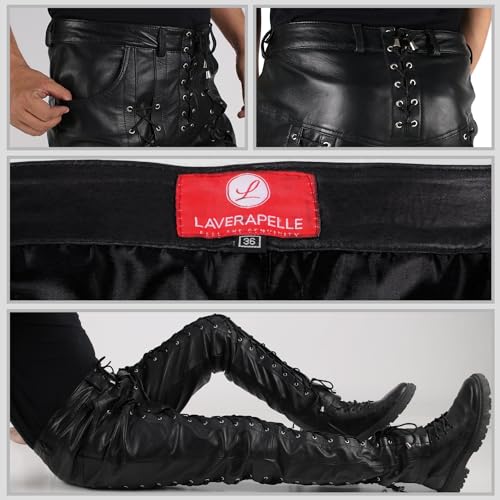 Laverapelle Men's Genuine Lambskin Leather Pants (Black, Laced Leather Pants) - 23040024