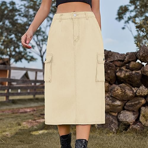 Women Denim Cargo Long Skirts High Waisted Pencil Skirt Midi Length Jean Skirt A-Line Denim Skirt with Cargo Pockets2