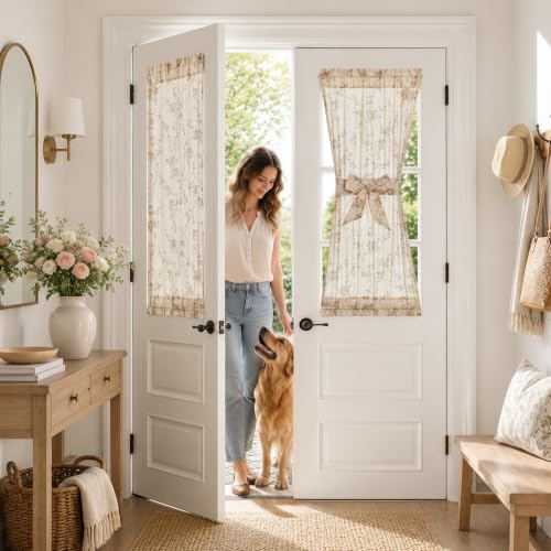 Image of jinchan Taupe Linen Floral French Door Curtains 40 Inch Rod Pocket 2 Panels