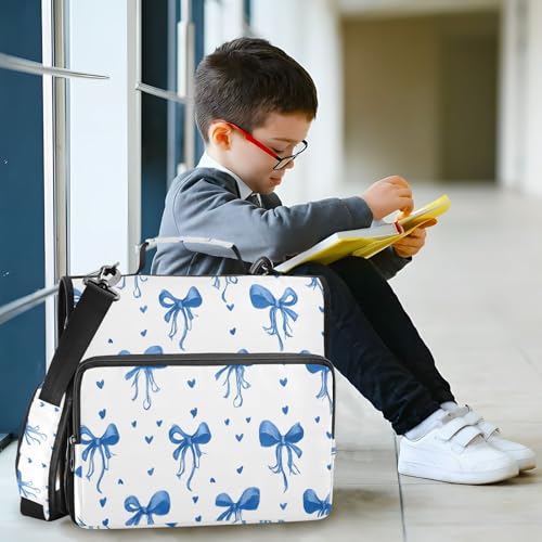 Image of 3 Ring Zipper Binder with Shoulder Strap Blue Bows Ribbons Polka Dots 1.5 inch Binders Keeper Large Capacity Multi Pockets for School Office Supplies