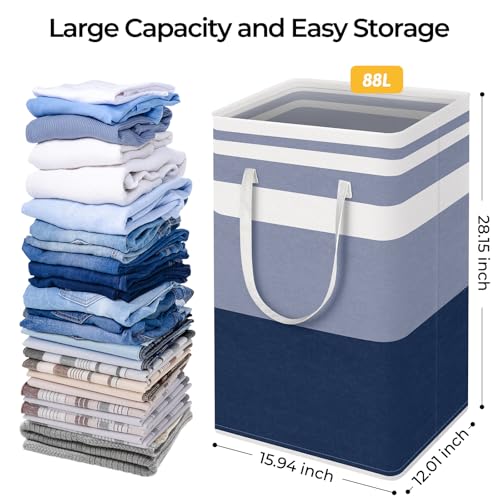 HomeHacks 2-Pack Large Laundry Basket, Waterproof, Freestanding Laundry Hamper, Collapsible Tall Clothes Hamper with Extended Handles for Clothes Toys in the Dorm and Family (Blue, 88L)