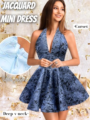 Image of ShawGobow Jacquard Corset Dress,Deep V Halter Mini Dresses with Bow Back,Sexy Birthday Outfits Women Homecoming Prom Formal