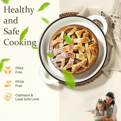 Image of Overmont Enameled Cast Iron Dutch Oven - 5.5QT Pot with Lid Cookbook & Cotton Potholders - Heavy-Duty Cookware for Braising, Stews, Roasting, Sourdough Baking Pearl White