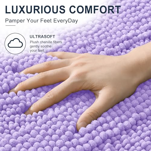 Image of Smiry Thick Chenille Bathroom Rugs 36x24, Extra Soft Absorbent Striped Bath Mat, Machine Washable, Rubber Backing, Bath Rugs for Tub & Shower, Modern Home Decor Accessories, Lavender