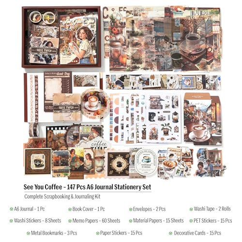 Image of The AutoStory Cafe Shop Scrapbooking Album A6 Junk Journal Notebook Aesthetic Stickers Collage Paper Washi Tape DIY Craft Art Vintage Hobby Assortment Set Present Teens (See You Coffee, Coffee)