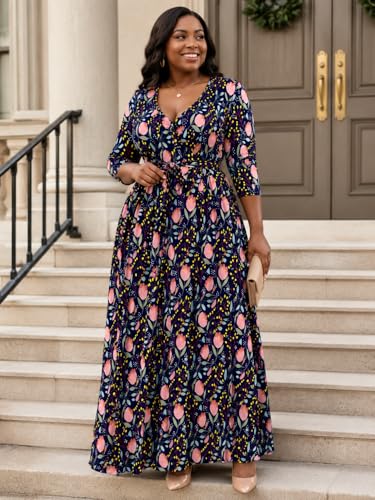 Image of PinkPatty Women's Print Maxi Dresses 3 /4 Sleeve Flowy Long Dress V Neck Wrap Tie Waist Sundress