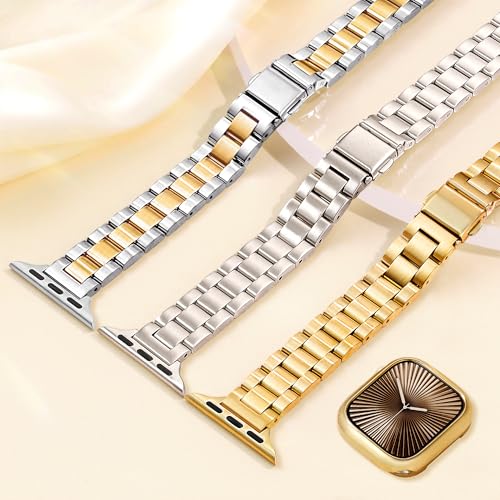 Image of Slim Metal Band for Apple Watch Bands for Women 45mm 44mm 42mm(S3) iWatch Bands with Protective Case, Stainless Steel Thin Dressy Strap for Apple Watch Band Series 9 8 SE 7 6 5 4 3-Starlight