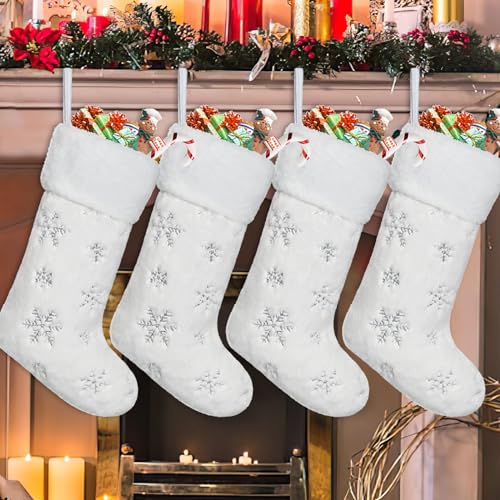 KHOYIME Christmas Stockings 4 Pack 20 Inch Large Cream White Faux Fur Xmas Stockings with Shining Silver Sequin Snowflakes Soft Thick Plush Christmas Stockings Decoration Holiday Party Fireplace Decor