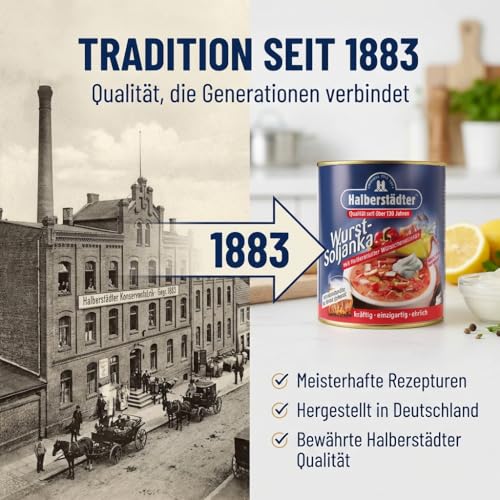 Halberstädter Soljanka 800ml – deftige Wurst-Soljanka in der Dose – Fertiggericht aus Ost-Tradition – pikant & herzhaft – Konserve mit Fleisch & saurer Sahne – Bild 8