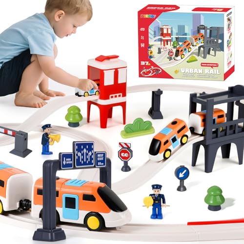 MOONTOY Set de Tren Eléctrico 37 Piezas para Niños – Tren para Montar con Vagones Magnéticos, Accesorios de Ciudad con Puente, Regalo Creativo para Niños y Niñas 3+