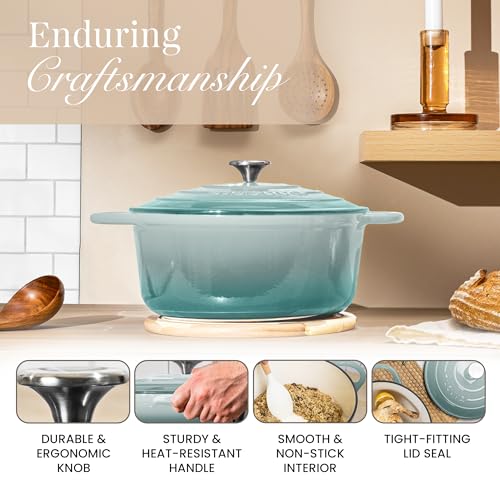 Image of Nuovva Enamelled Cast Iron Dutch Oven Pot with Lid 6.4 Quart Non Stick Casserole Pot-Heavy Duty & Oven Safe up to 500 F for Bread Baking, Braising, Stews, Roasting - 28cm Sea Salt