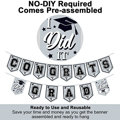 Image of 2026 Silver Graduation Banner - No DIY Required Graduation Party Supplies Decorations Grad Banner for College, High School Party (Silver and Black Congrats Grad)