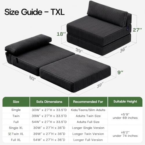 Image of Folding Sofa Bed Convertible 4 in 1 Sleeper Chair Black Twin XL