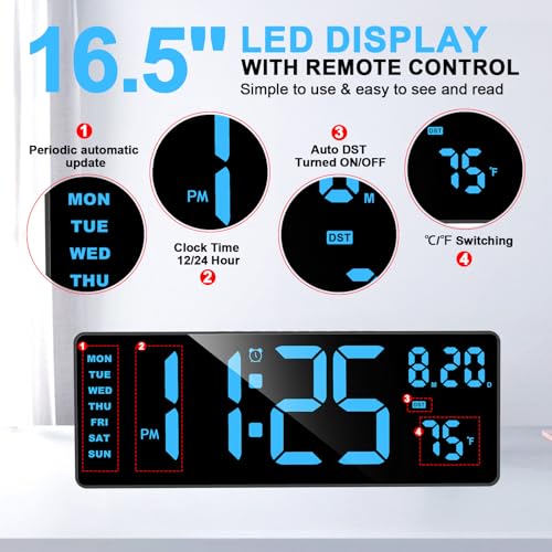 XREXS 16.5 Inch Digital Wall Clock Large Display with Remote Control - Image 4