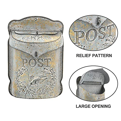 Image of Wall Mount Mailbox for Outside Vintage Mail Boxes for House Outside Metal Door Mailbox Drop Box Antique Style Nostalgic Charm Home Decorative, Bird Pattern, Gray