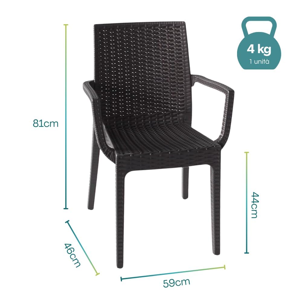 PALUPLUS Set Tavolo Quadrato con 4 Sedie Rattan in Plastica color Antracite, Misura Tavolino 79x79x72 cm, Sedia CON Braccioli, Arredo per Esterno, Terrazzo -KIN024F/DUK702F-23