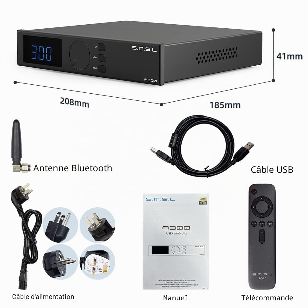 SMSL a300 Amplificateur numérique BTL Bluetooth 5.0 165 W x 2 (4 Ω) 85 W x 2 (8 Ω) pour haut-parleurs passifs et basses actifs (Noir)