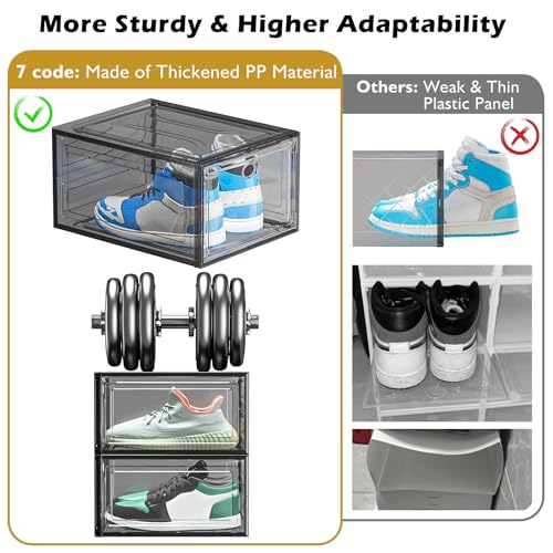 7 code Large Clear Shoe Boxes Organizer【Thicker Material】 Stronger Shoe Box with Magnetic Door, Stackable Shoe Storage Box for Closet, Foldable Space-Saving Storage Bins Shoe Cabinet, Black 9-Pack