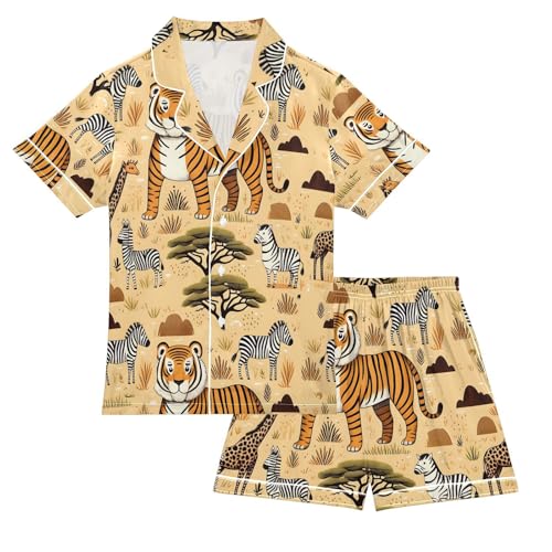 ALAZA Giraffe Tiger Zebra Cute Pajamas Satin Pajama Set Short Sleeve Button Down Sleepwear