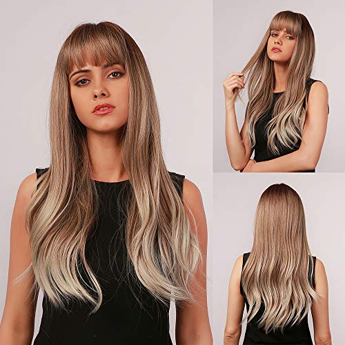 Esmee 22"Women Synthetic Wigs Long Wavy Ombre Brown to Blonde with Fluffy Air Bangs Light
