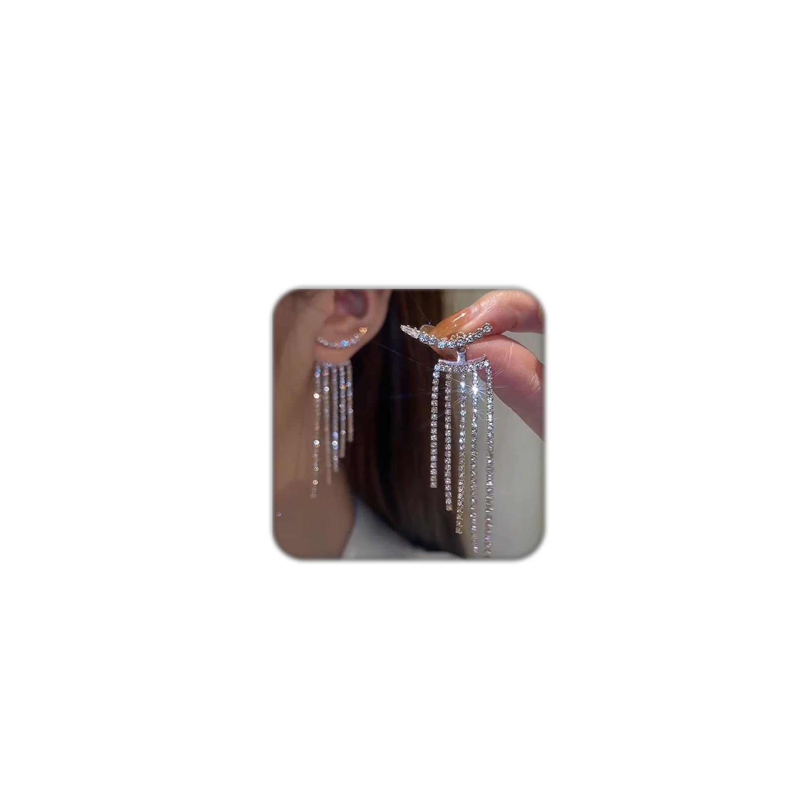 Silver Rhinestone Tassel Earrings for Women Long Tennis Prom Earrings Crystal Chain Dangle Earrings Wedding Party Jewelry (A)