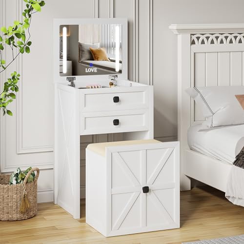 TAGELIER 3 in 1 Farmhouse Makeup Vanity,Small Vanity with flip-top Makeup Mirror&LED Lights, Compact Vanity Desk with Stool for Bedroom/Cloakroom/Office,White