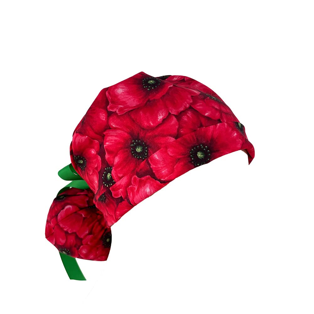 Turn Up Ponytail Medical Scrub Cap – Red Roses.- Dr. Hats, Nurses Hats. Bouffant Scrub Hats. Unisex Scrub Cap. Scrub Hat for Women & Men tie Back | Working Cap