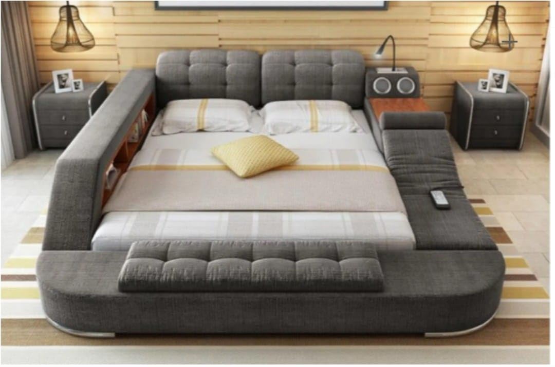Modern Multifunctional Platform Bed Frame with Built-in Speakers, Storage, and Tufted Headboard, Grey