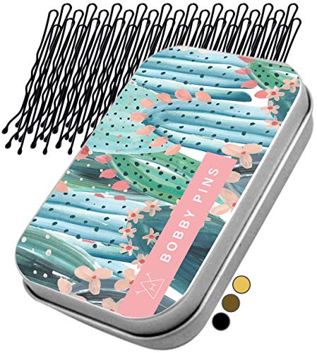 Hawwwy 300-Count Bobby Pins in Cute Storage Tin Hair Pin for Short Medium Long Hair, Great for Styling Buns Kids Girls Women (Black Bobby Pins_Cactus)