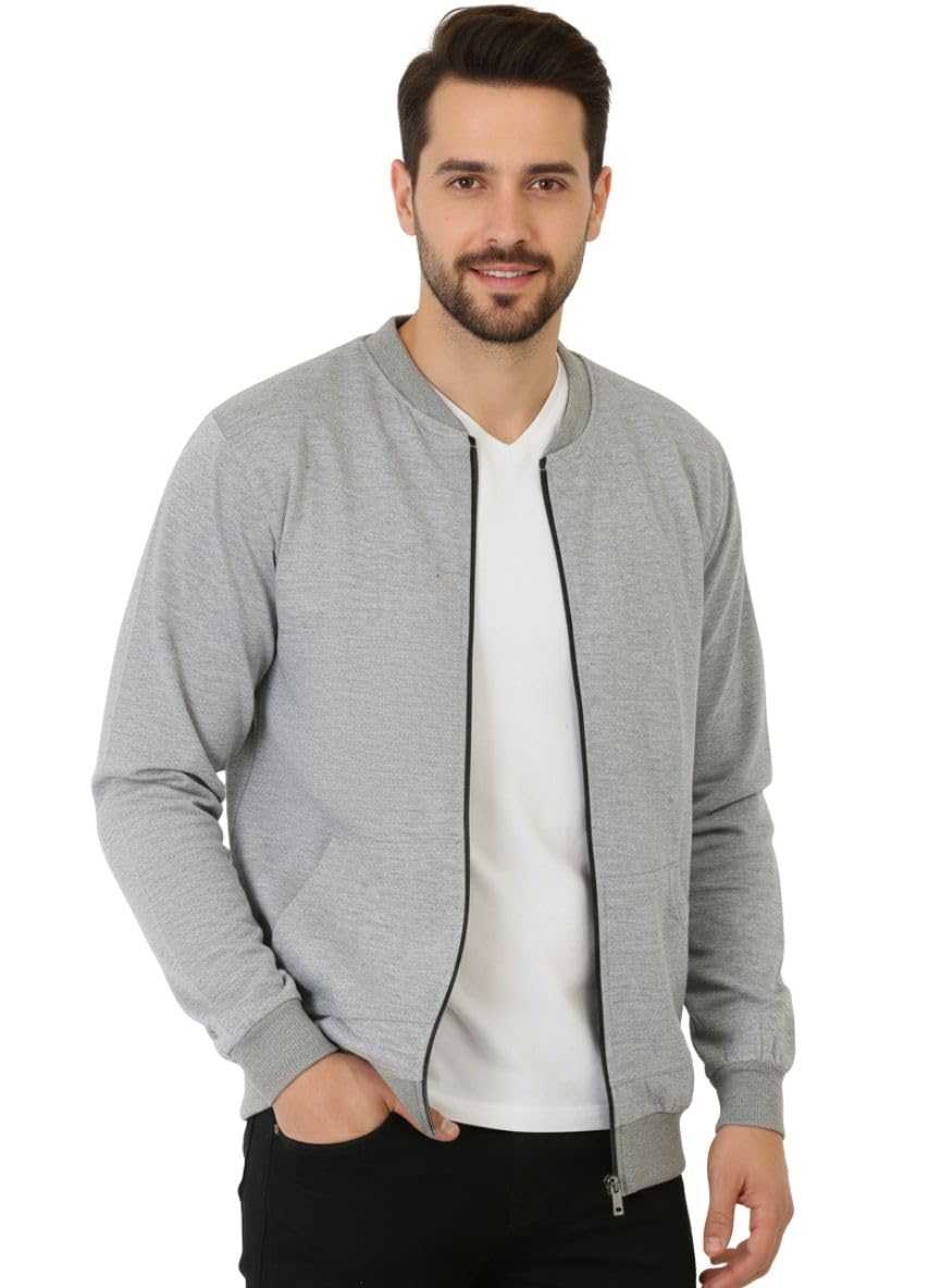 Men's Classic Bomber Jacket, Lightweight Zip-Up with Ribbed Cuffs & Collar Full Sleeve Stylish Streetwear Jacket for All Seasons (Colour: Grey)
