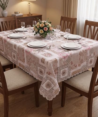 Image of Dakshya Industries PVC Waterproof Dining Table Cover 54x78 Inch for 6 Seater | Floral Printed Washable Oilproof Dustproof Table Cloth for Home Kitchen Dining Table (Ruby Heritage)