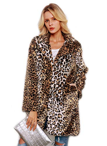 Shilanmei Women Warm Long Sleeve Parka Faux Fur Coat Overcoat Fluffy Top Jacket Leopard Brown, XL