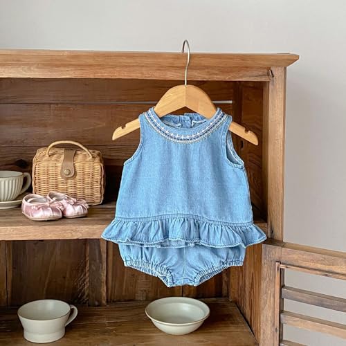 HOOLCHEAN Baby Infant Girls Soft Denim Sweet Sleeveless Ruffle Hem T-shirt Dress and Shorts Set2